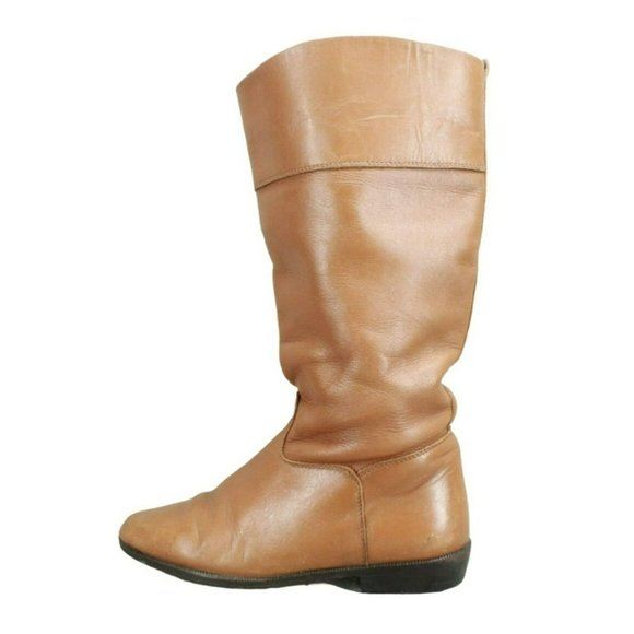 LL Bean Brown Leather Pull On Almond Toe Knee High Riding Boots Size 6.5 B - Picture 1 of 11